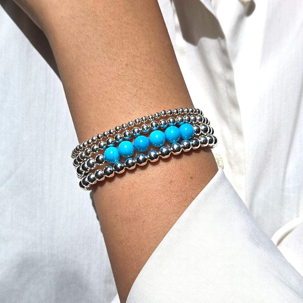 5mm sterling silver bracelets with turquoise, plus a stack of 3mm and 4mm sterling silver bracelets