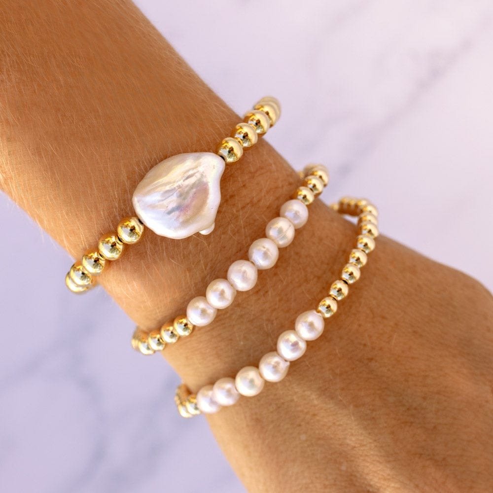  6mm 14k Gold Filled Beaded Bracelet Stack with Large Freshwater Pearls