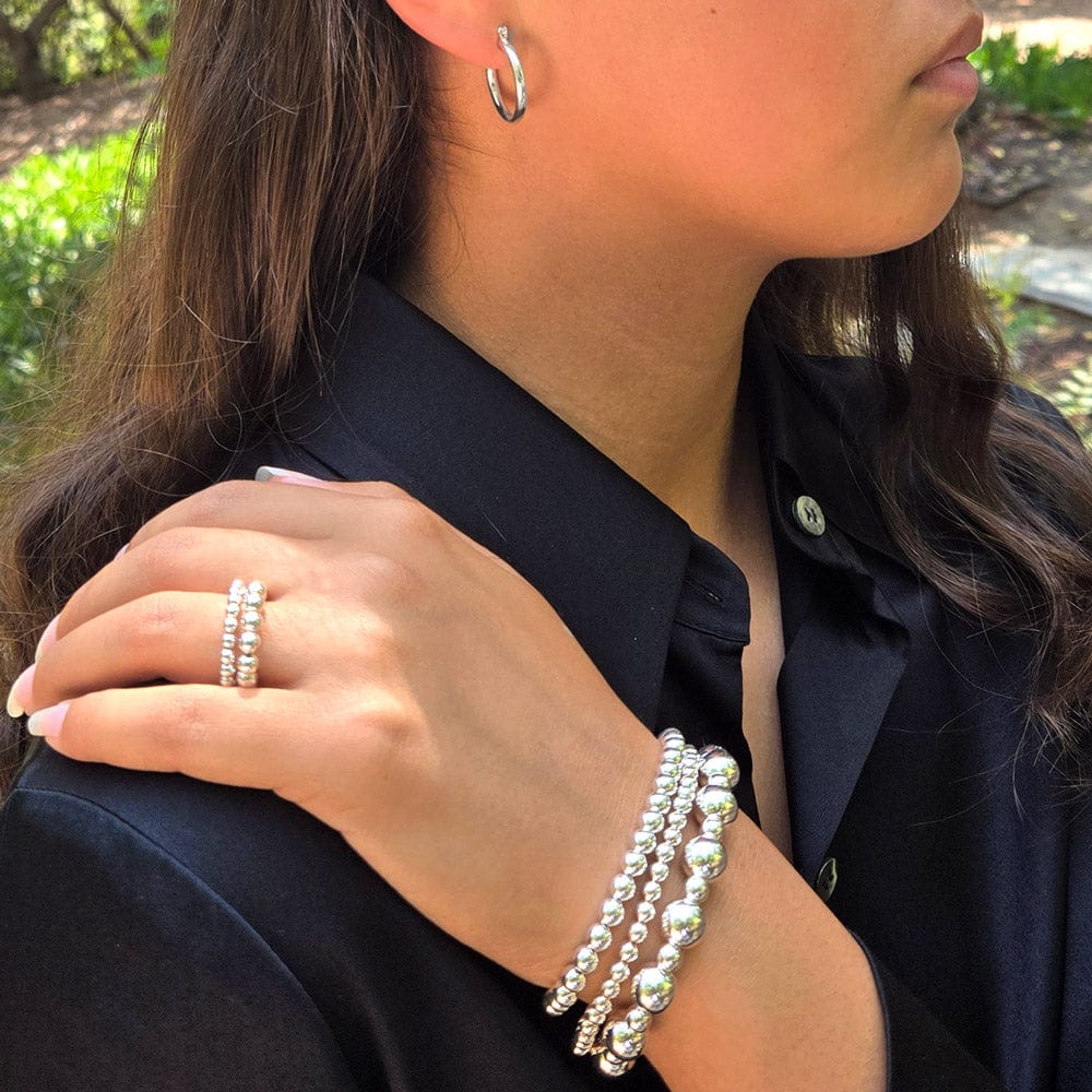 9mm &amp; 4mm Sterling Silver Bead Bracelet with Sterling Silver Rings and Small Hoop Earrings