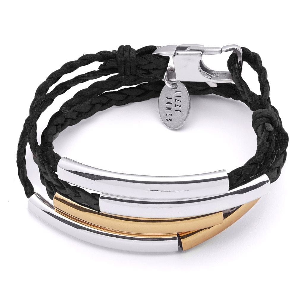 Addison Gold and Silver with Black Leather Wrap Bracelets