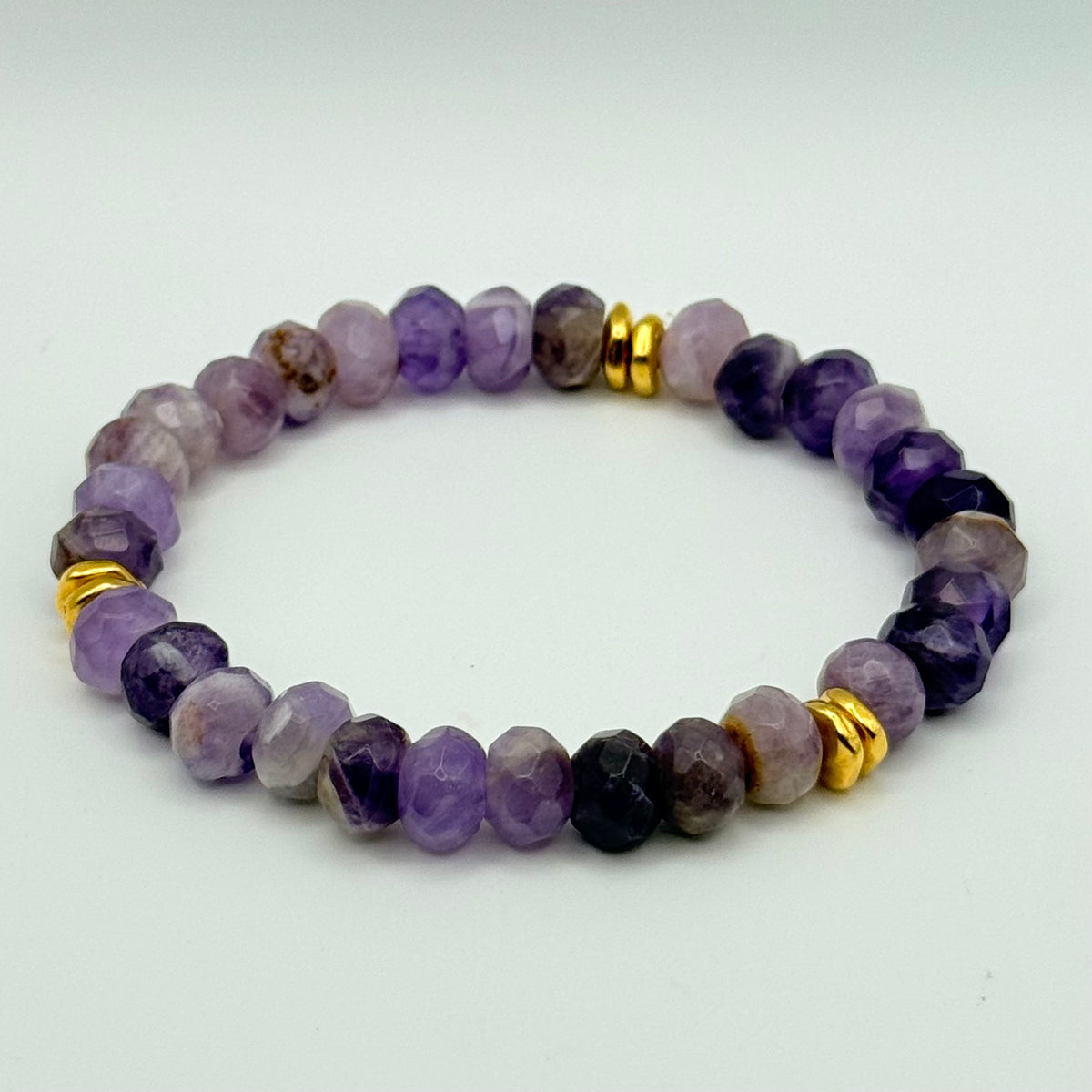 Amethyst Valerian Bracelet – 8mm Faceted Chevron Amethyst with Gold Hexagon Accents