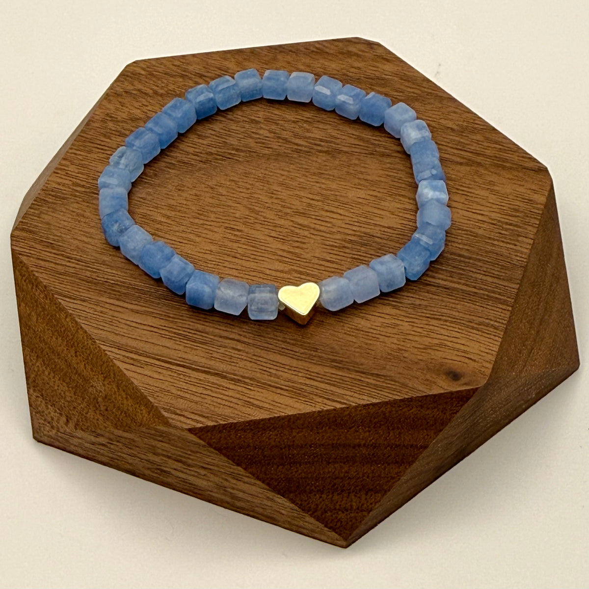 5mm faceted Aquamarine cube bracelet with gold-plated heart accent – March birthstone stretch bracelet handmade in California