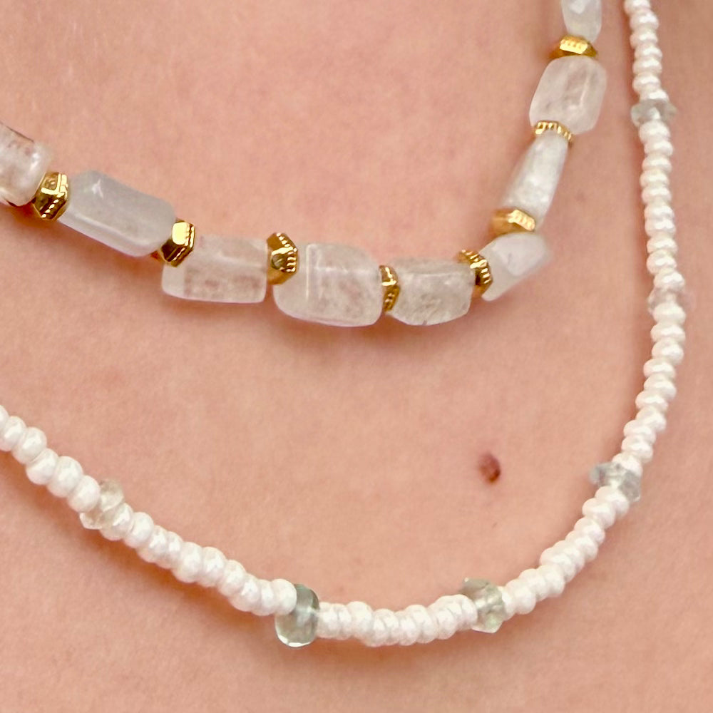 Aquamarine Luma Layered Necklace – 14" & 16" (Extendable) Double Strand | March Birthstone | Handmade in California