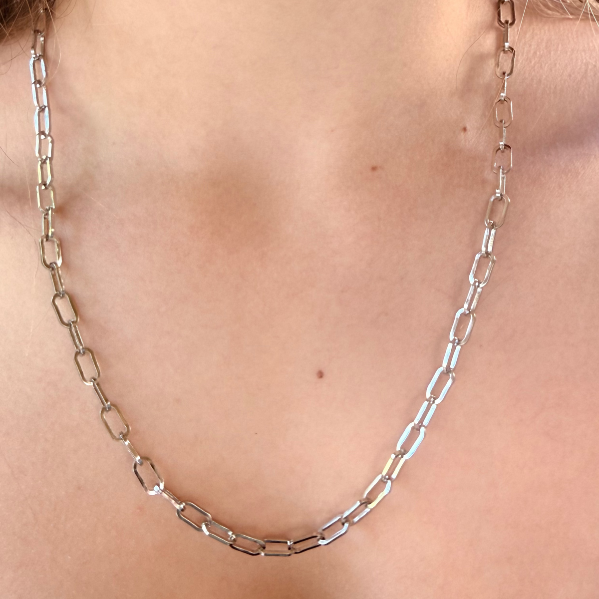 Silver chain necklace on a person's neck