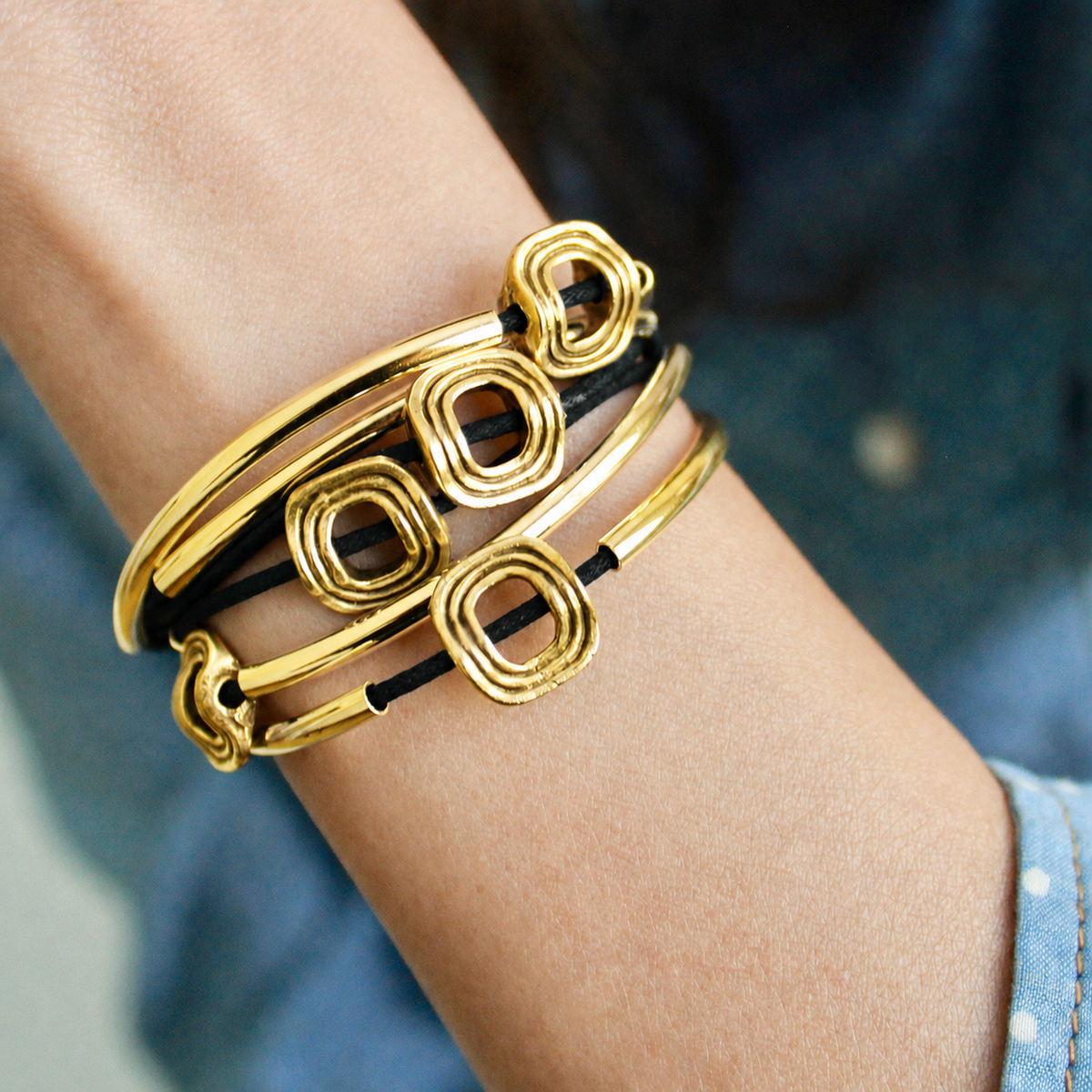 Aura Convertible Wrap Bracelet Necklace – Gold Crescents on Black Leather | Handmade in California