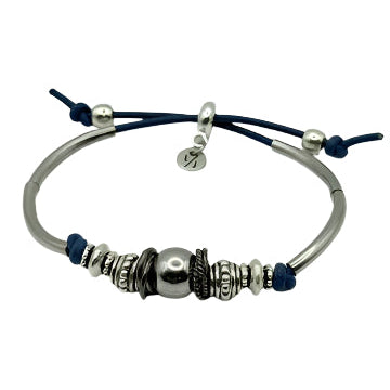 Silver bracelet with beads on a white background
