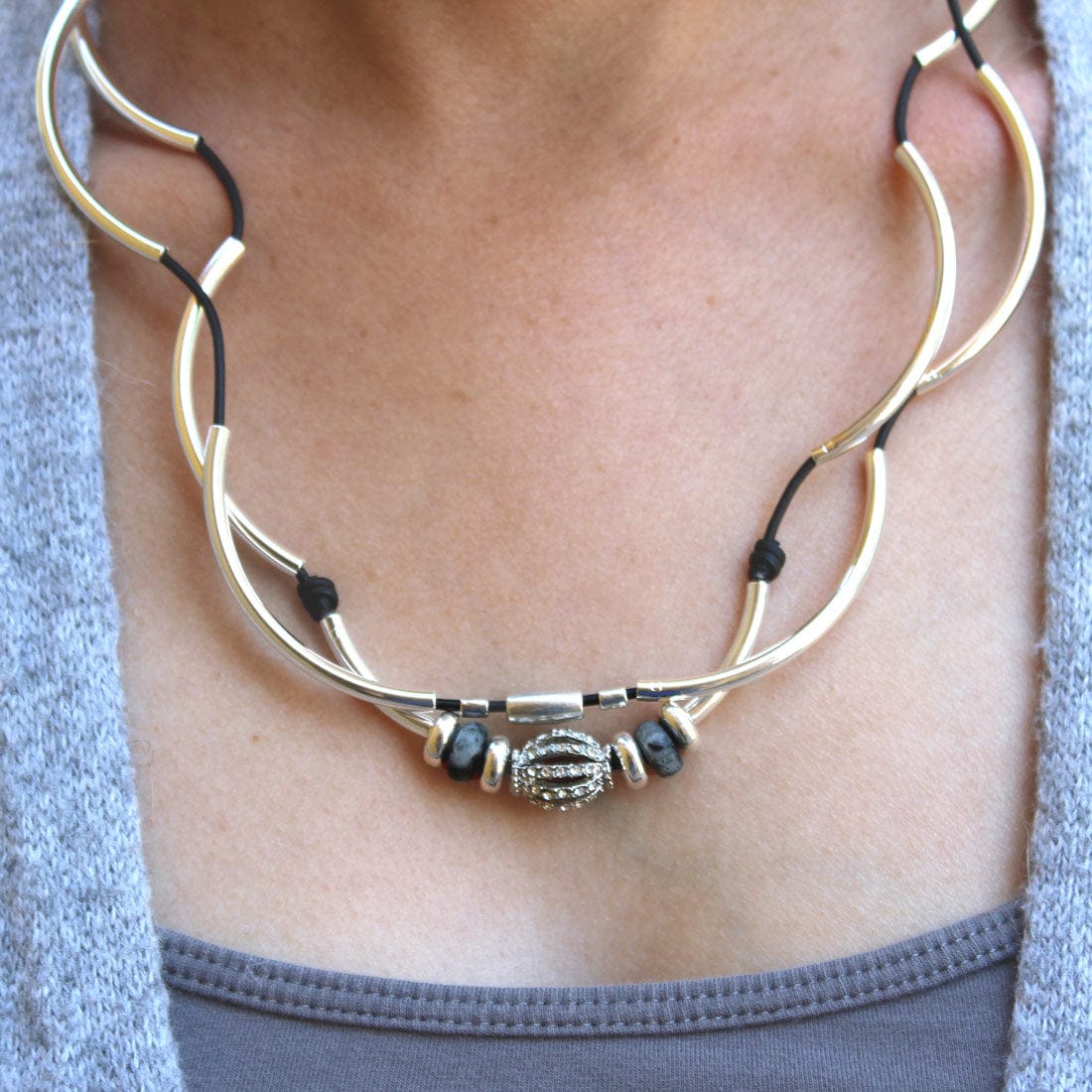 Avignon silver and leather wrap bracelet necklace with rhinestone focal