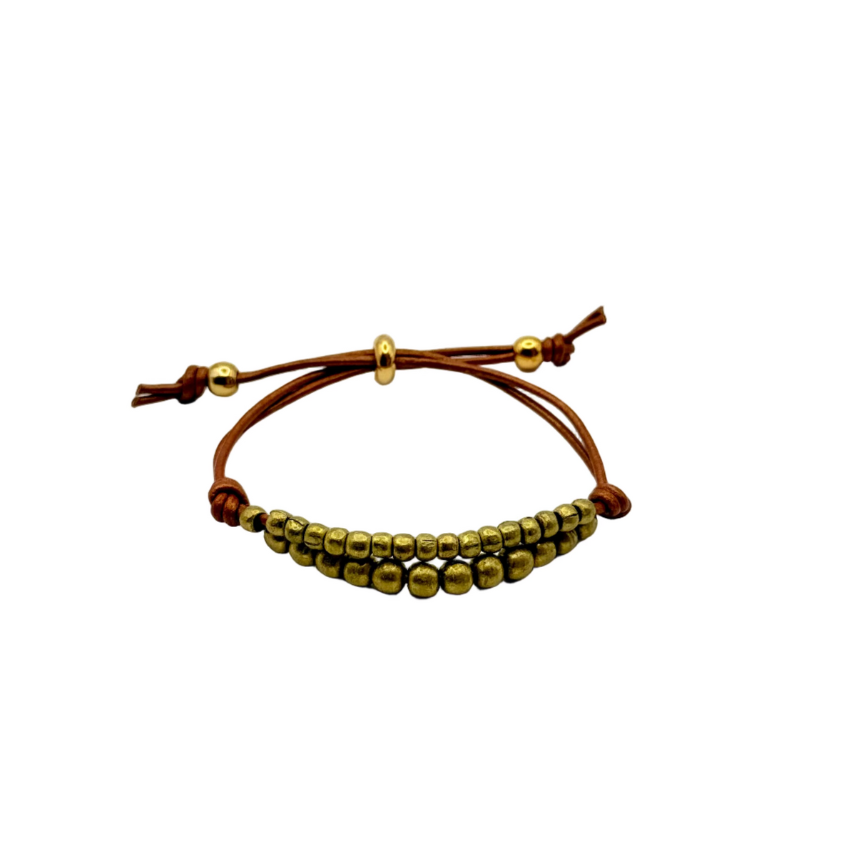 Brown leather bracelet with gold beads on a white background