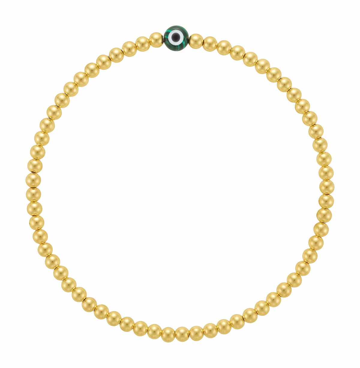 LJ 3mm 14k Gold Filled Bead Stretch Bracelet with Green Malachite Evil Eye Bracelet