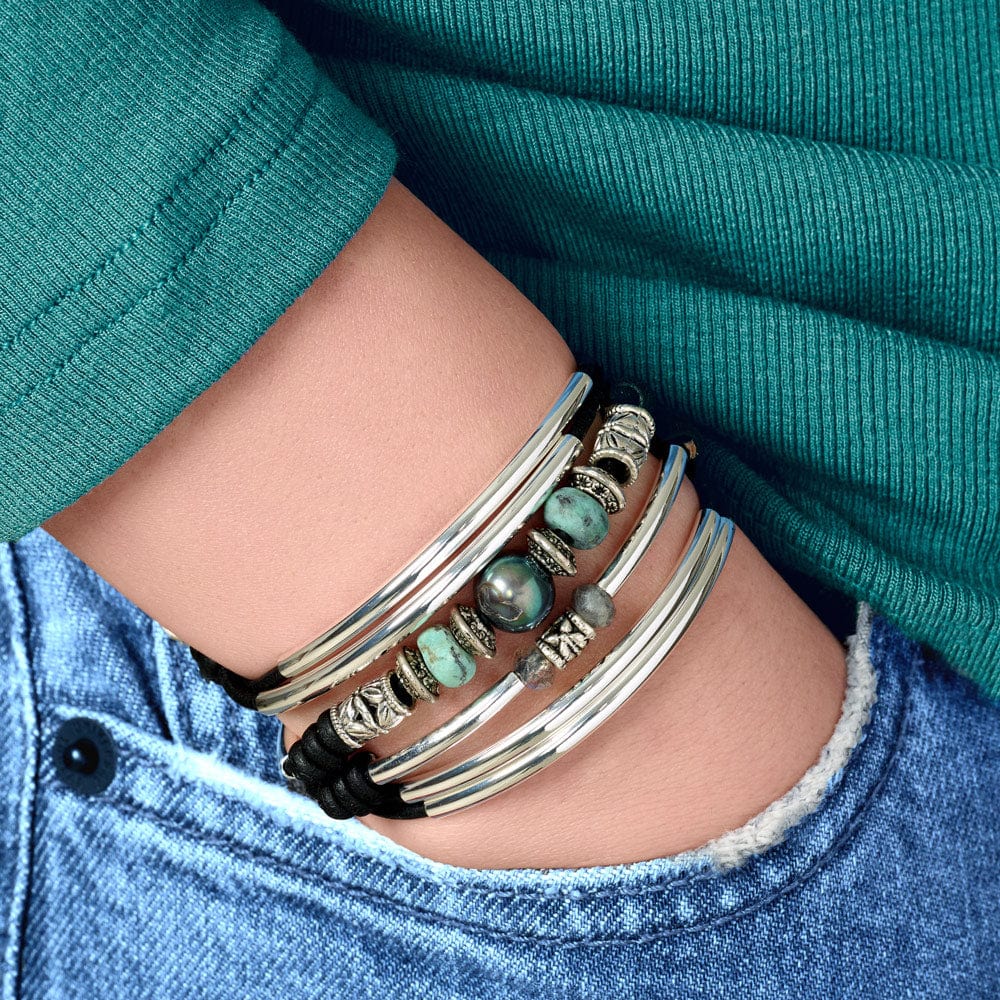 Big Sky Silver Pearl &amp; Labradorite Black Leather Wrap Bracelet