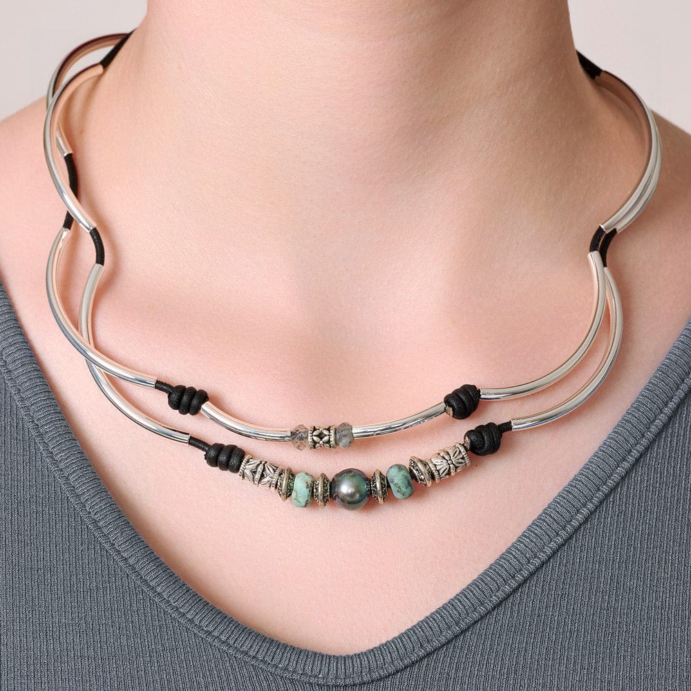 Big Sky Silver Pearl &amp; Labradorite Black Leather Wrap Bracelet shown worn as a necklace