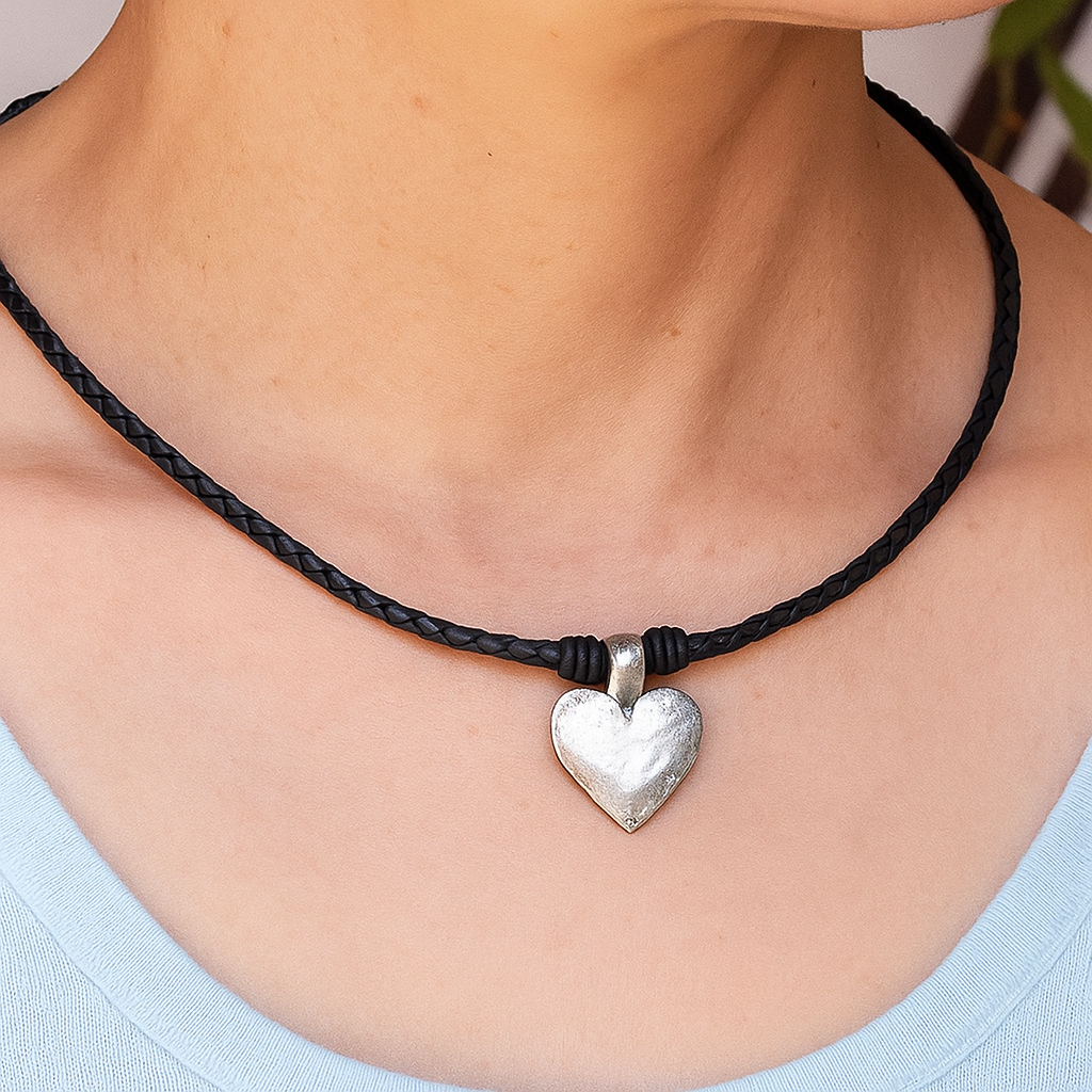Eternal Braided Black Leather Necklace with Hammered Silver Heart