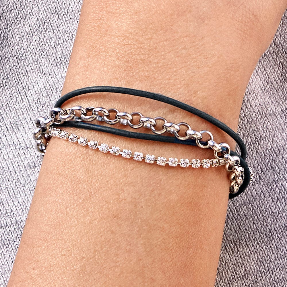 Cassidy Black Leather and Silver Bracelet with Rhinestones Grey Neutral