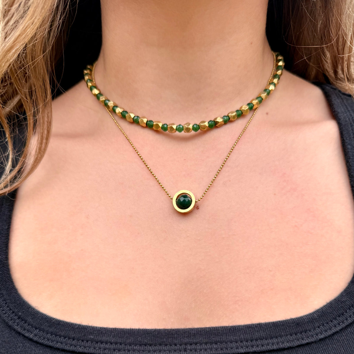 Celine emerald jade necklace with faceted green jade bead on fine antique gold chain layered with the Isla old and emerald green jade necklace