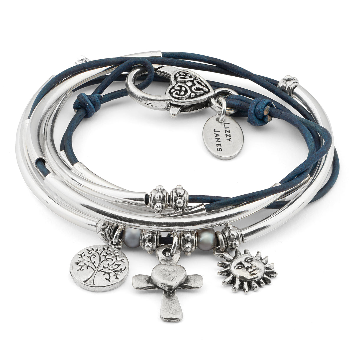 Set of silver charm bracelets with blue cord on a white background