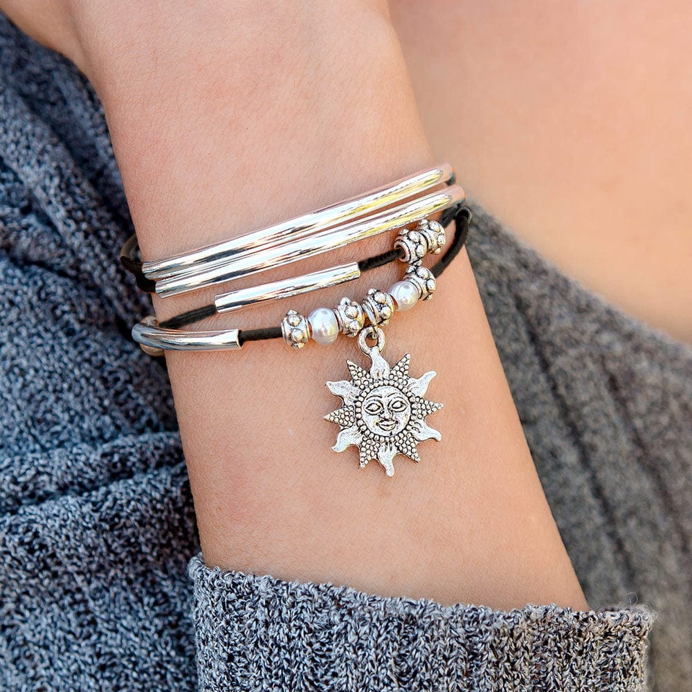 Charming Black Leather Wrap Bracelet with Pearls &amp; Silver Crescents shown w Happy silver star charm in silver