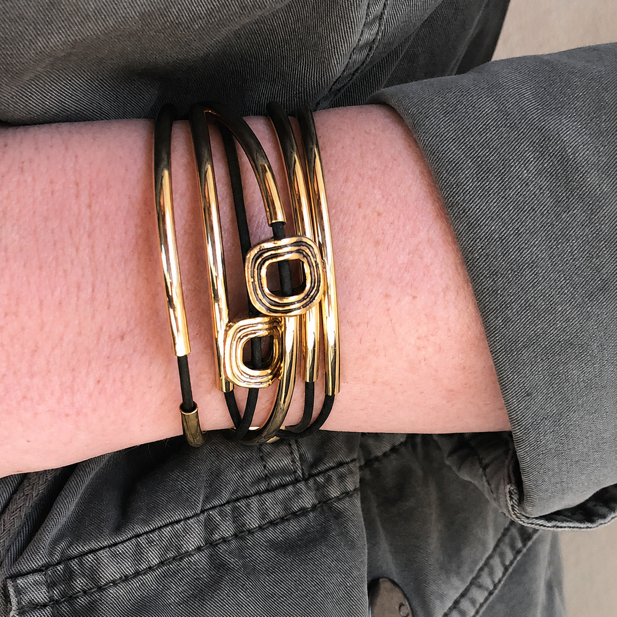 Aura Convertible Wrap Bracelet Necklace – Gold Crescents on Black Leather | Handmade in California