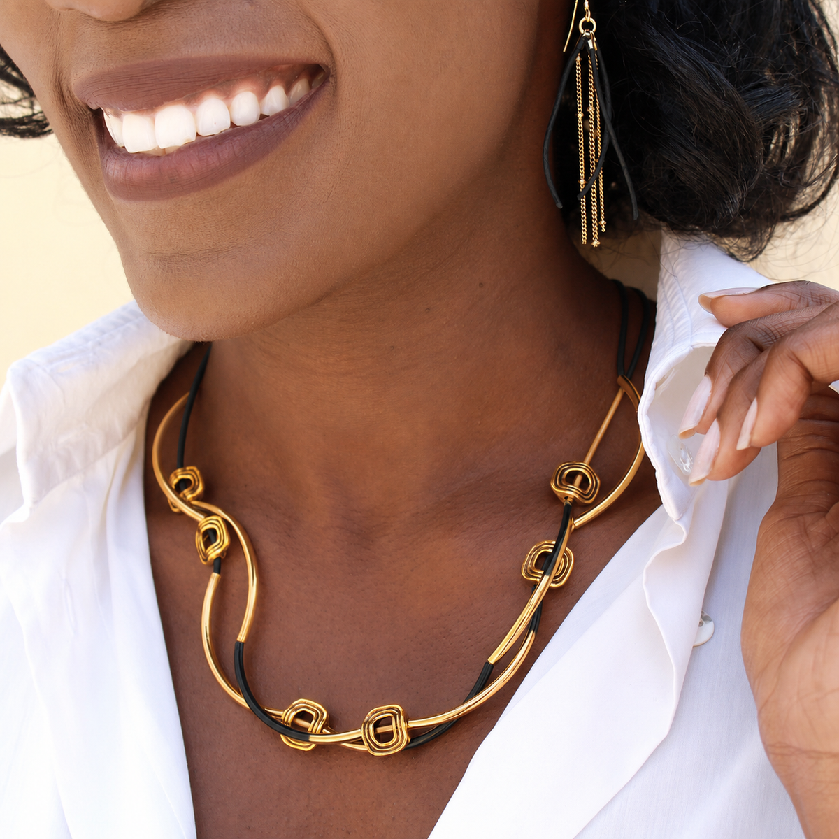 Aura Convertible Wrap Bracelet Necklace – Gold Crescents on Black Leather | Handmade in California