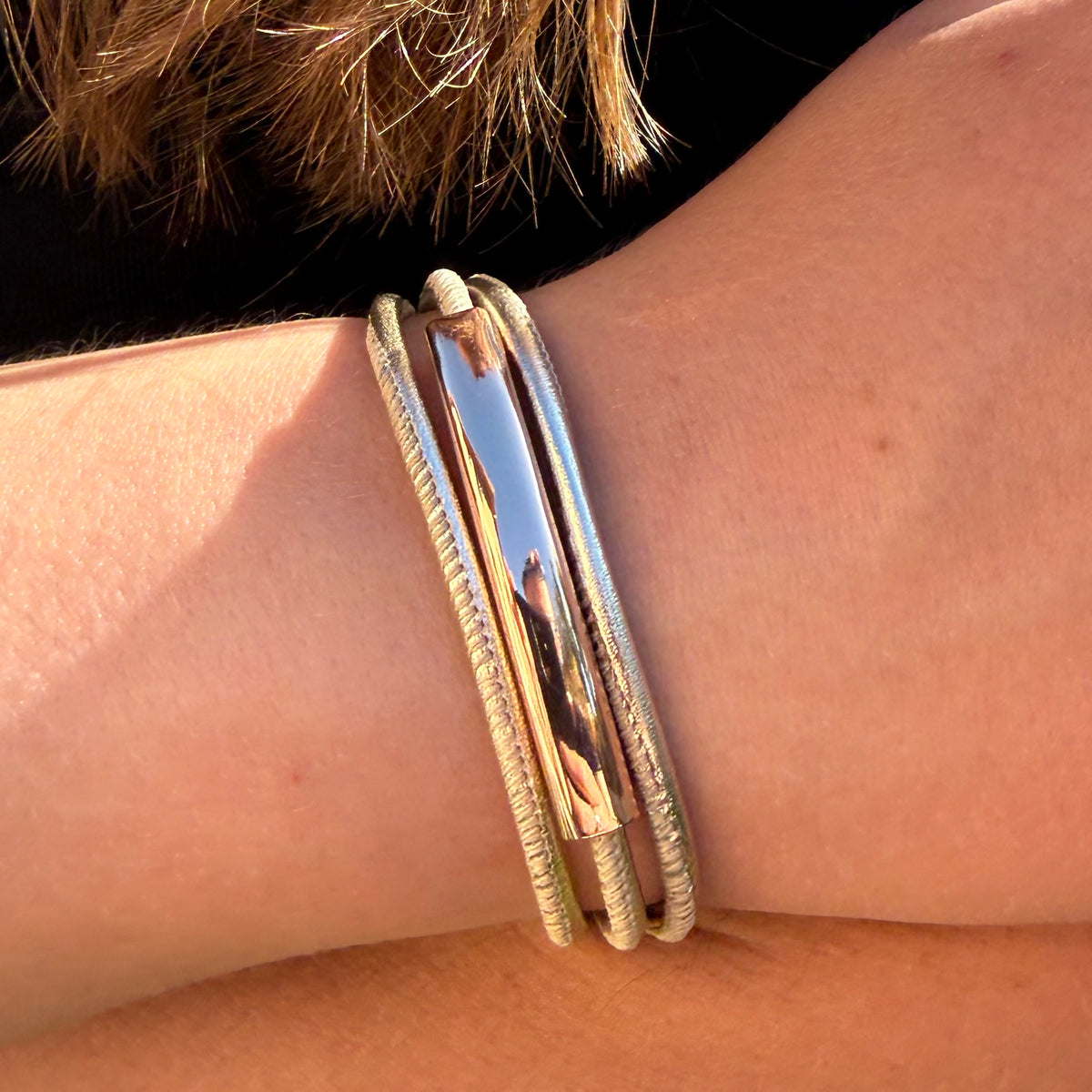 The Halo Trio Bracelet – Light Gold Leather & Rose Gold | Handmade in California
