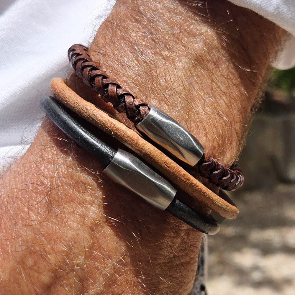 Men's Brown Leather Bracelet Braided w Magnetic Clasp