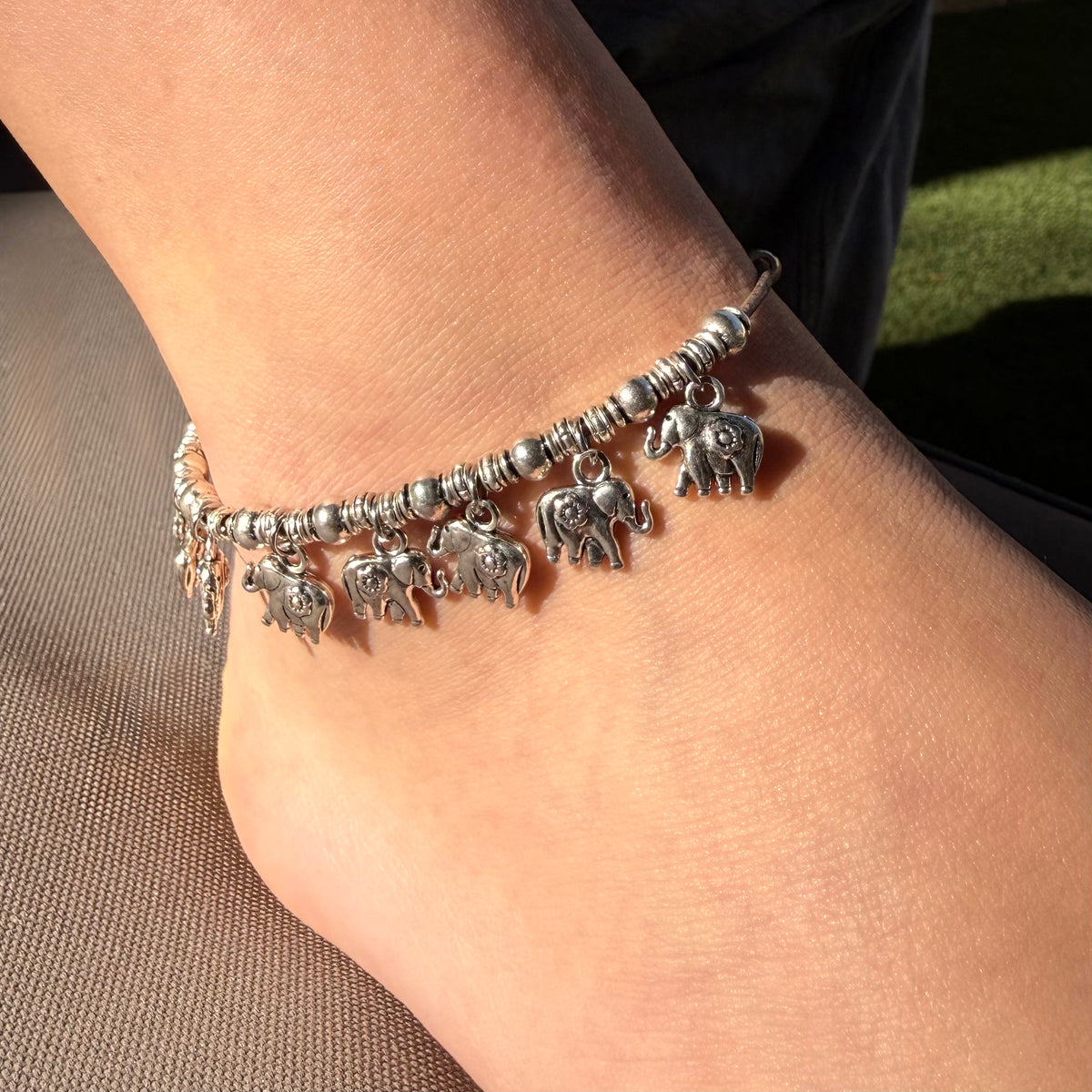 The Drift Elephant Anklet – Natural Brown Leather & Silver Charms | Handmade in California