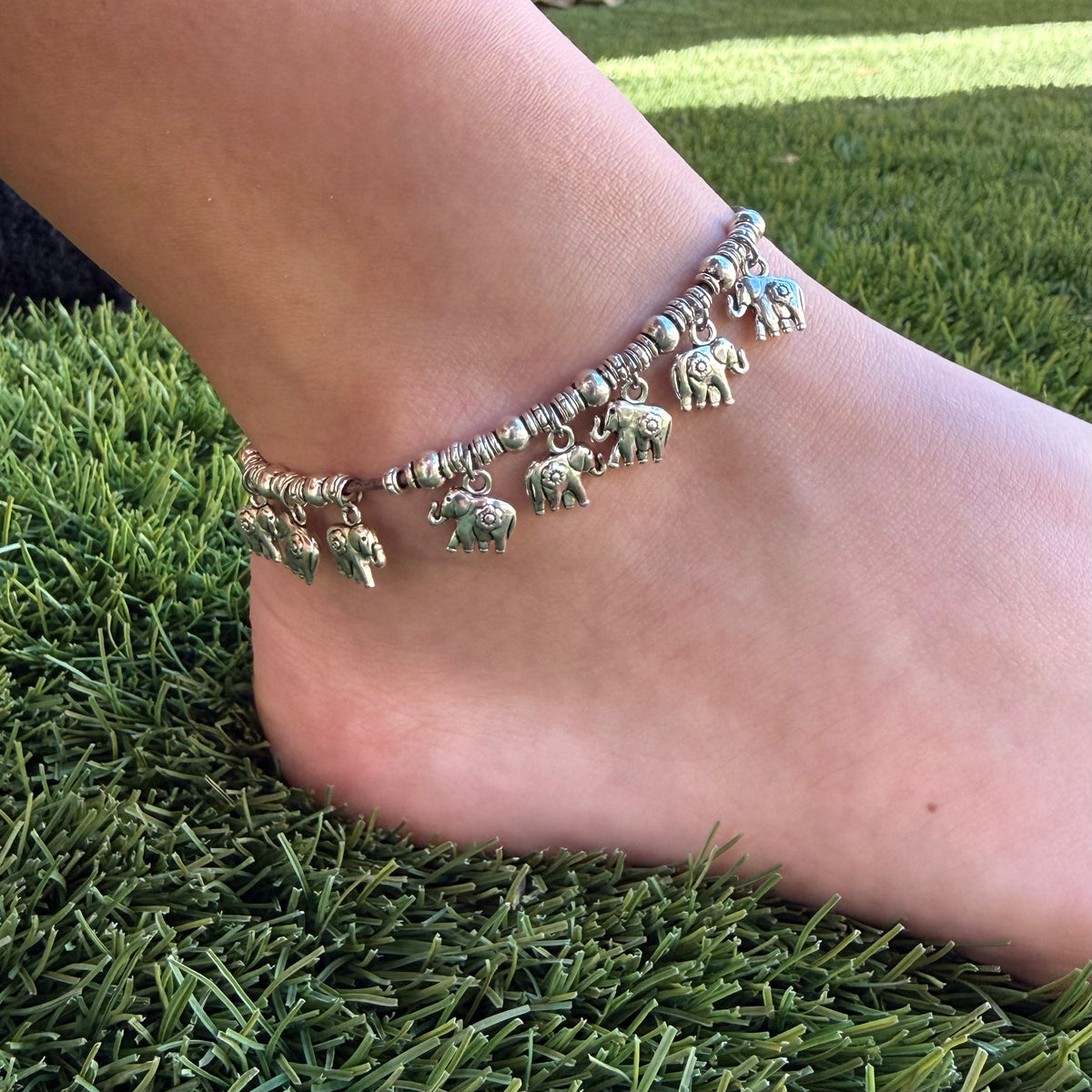 The Drift Elephant Anklet – Natural Brown Leather & Silver Charms | Handmade in California