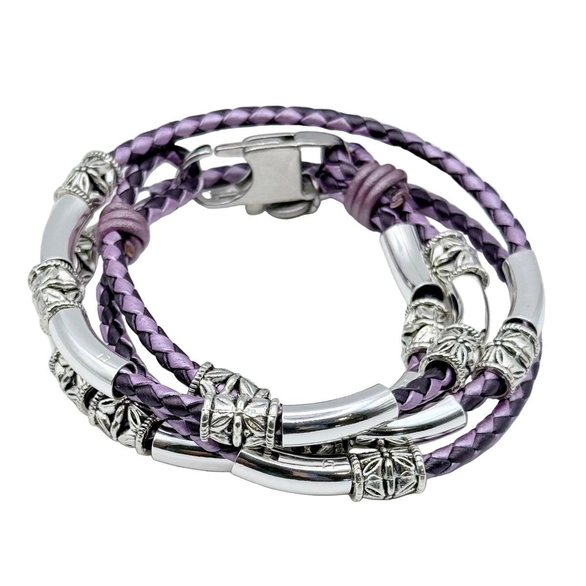 Woman's Maxi Braided Black Leather Wrap Bracelet with Etched Silver Crescents | 8 Colors