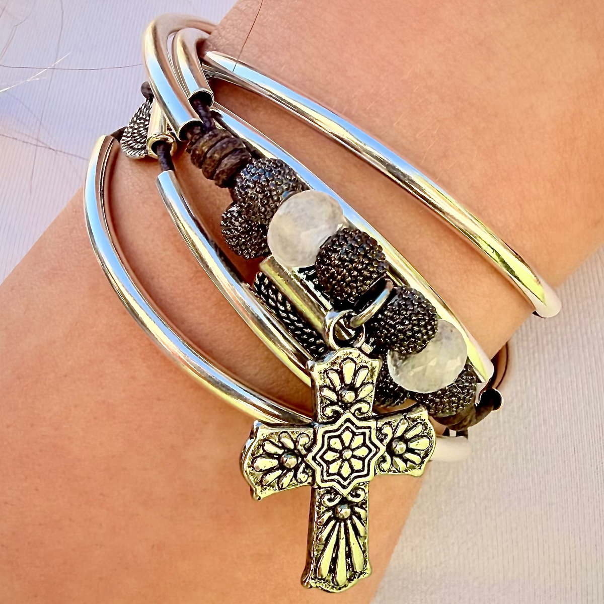 Selene Cross Leather Convertible Bracelet Necklace with Rainbow Moonstone