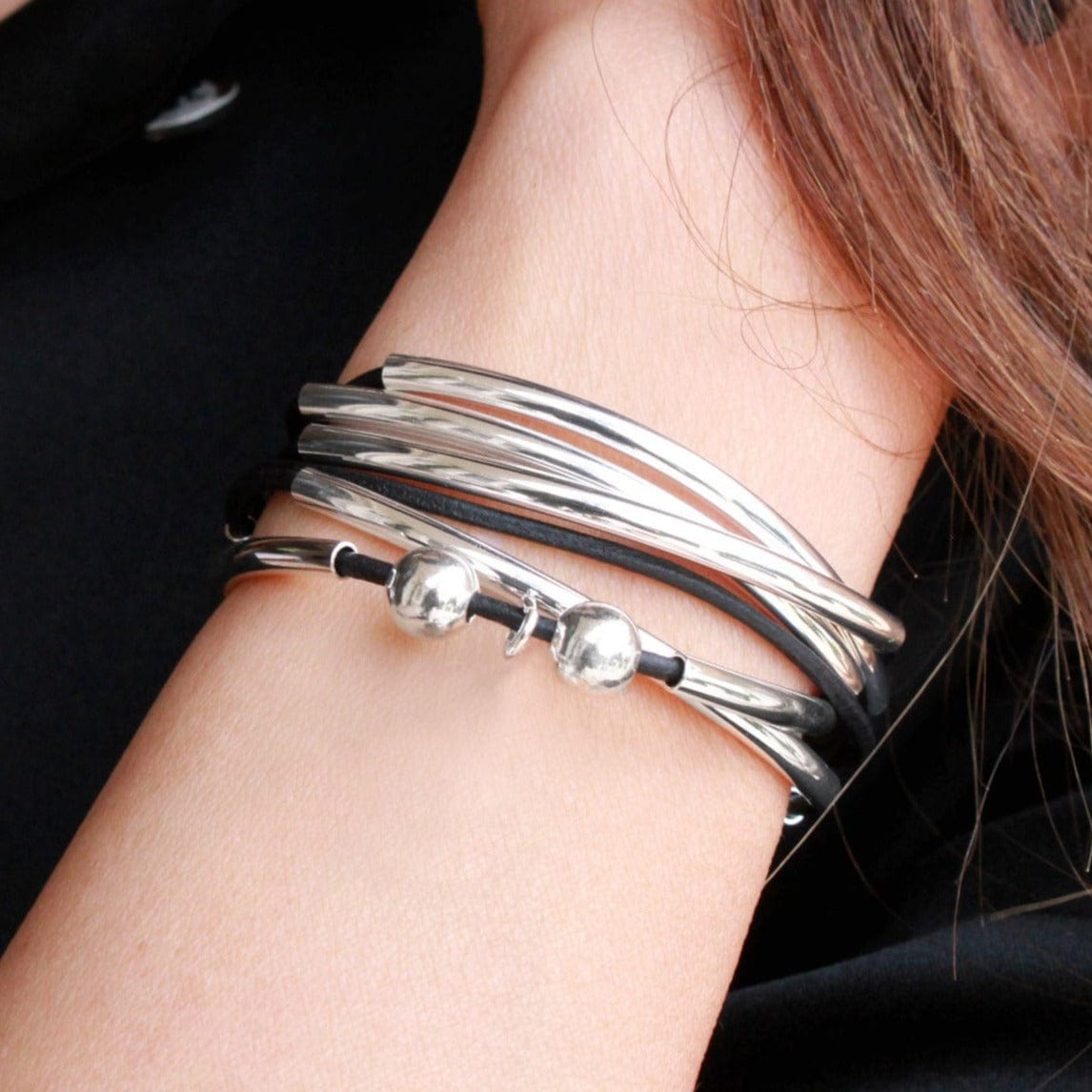 Girlfriend Black Leather Wrap Bracelet with Silver Crescents