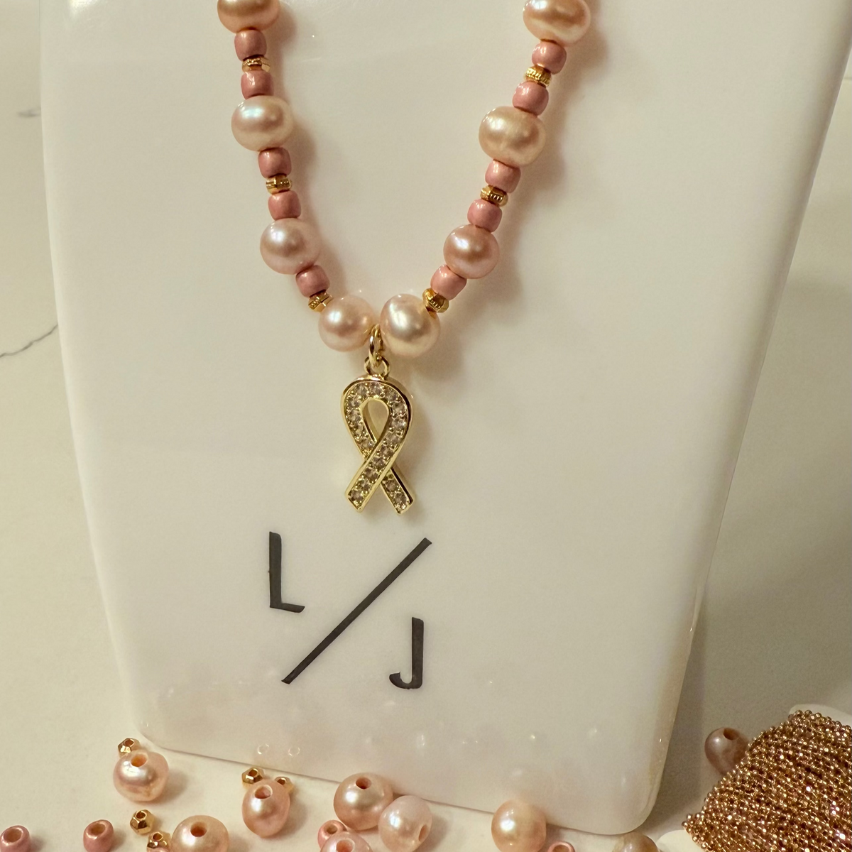 Grace Necklace with Gold Chain, Pink Pearls &amp; Awareness Charm