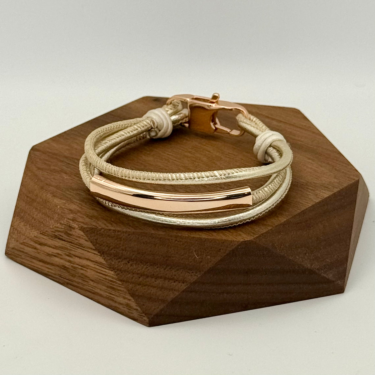 The Halo Trio Bracelet – Light Gold Leather & Rose Gold | Handmade in California
