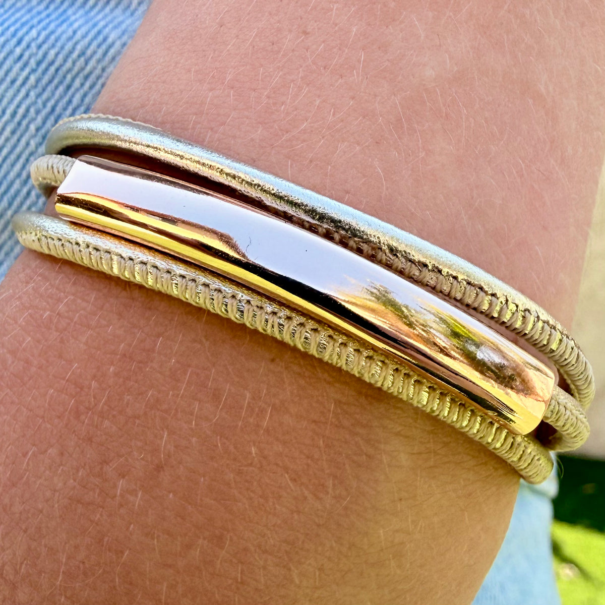 The Halo Trio Bracelet – Light Gold Leather & Rose Gold | Handmade in California