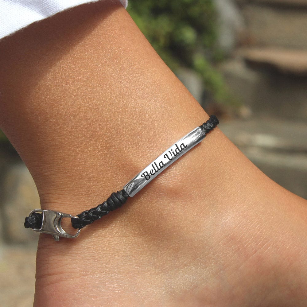 Heirloom Engravable SIlver Black Leather Anklet