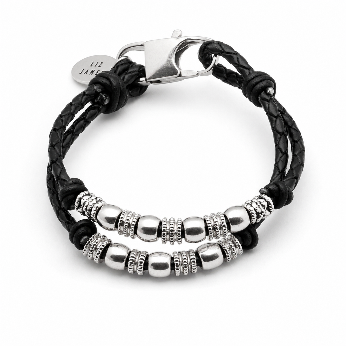 Silver and Braided Black Leather Bracelet Zoe - Add Custom Charms