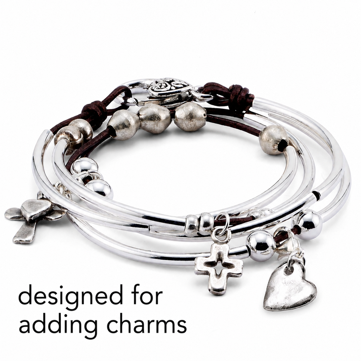 Addie Silver & Black Leather Wrap Bracelet – Select Your Charms