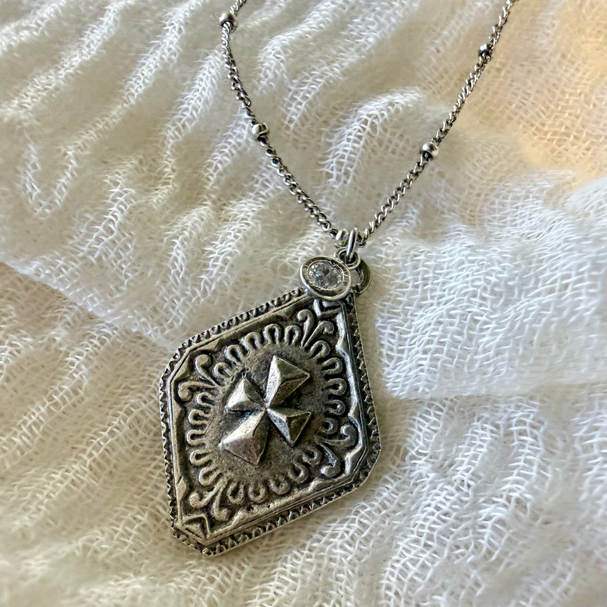 The Vela Cross Necklace – Vintage Silver & Crystal | Handmade in California