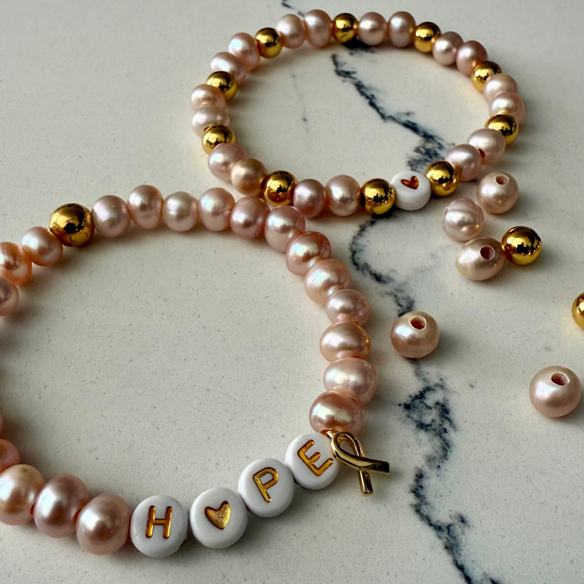 Hope Stretch Bracelet Stack with Gold Beads, Pink Pearls &amp; Awareness Charm