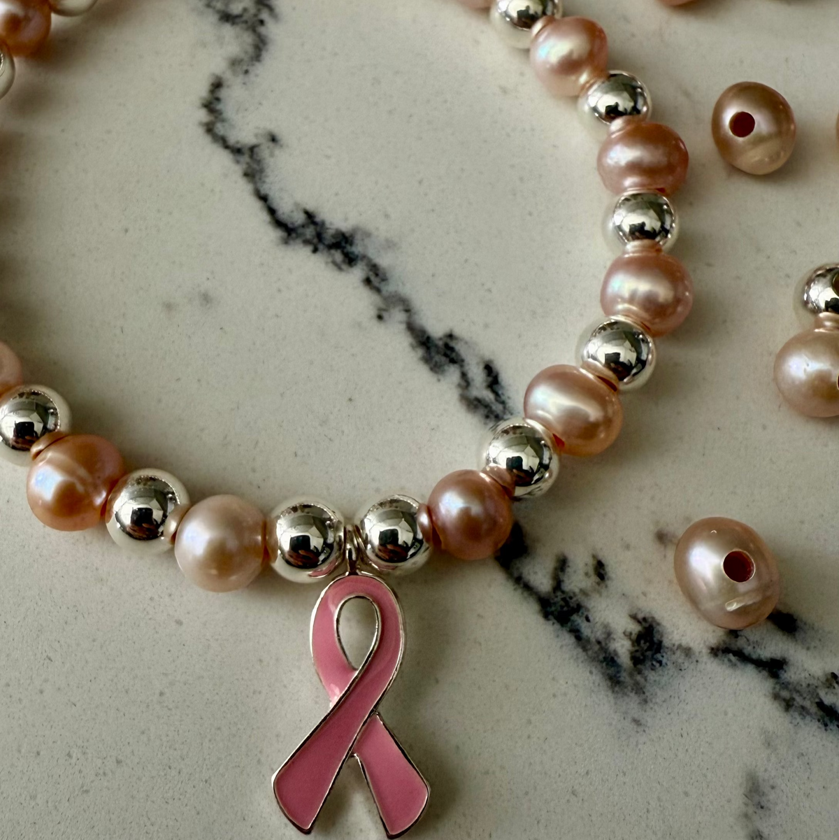 Courage Silver &amp; Pink Pearl Bracelet with Awareness Ribbon Charm