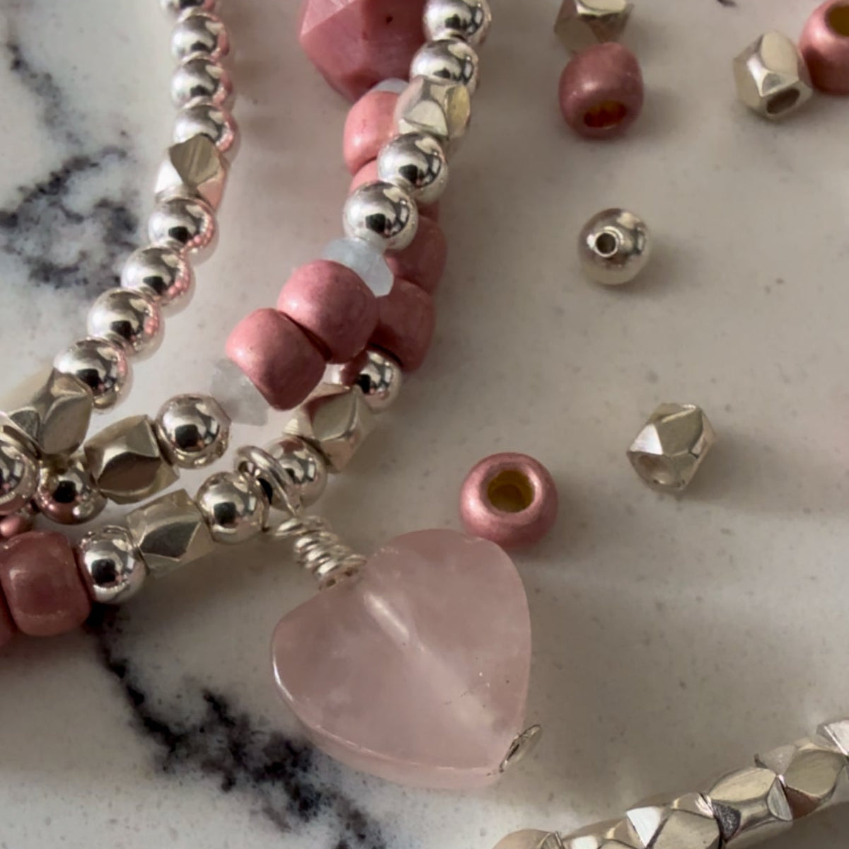 Rose 3-Strand Bracelet with Silver Beads, Rhodonite &amp; Rose Quartz Heart