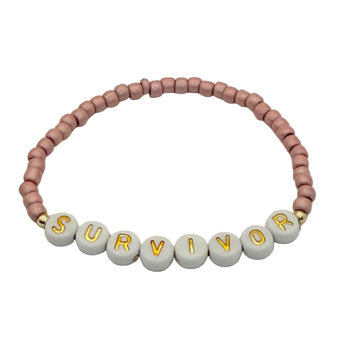 Survivor Stretch Bracelet with Pink Seed Beads, Gold Letters &amp; Accents