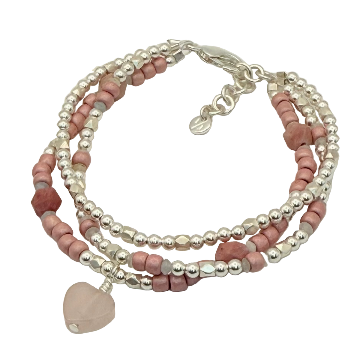 Rose 3-Strand Bracelet with Silver Beads, Rhodonite &amp; Rose Quartz Heart