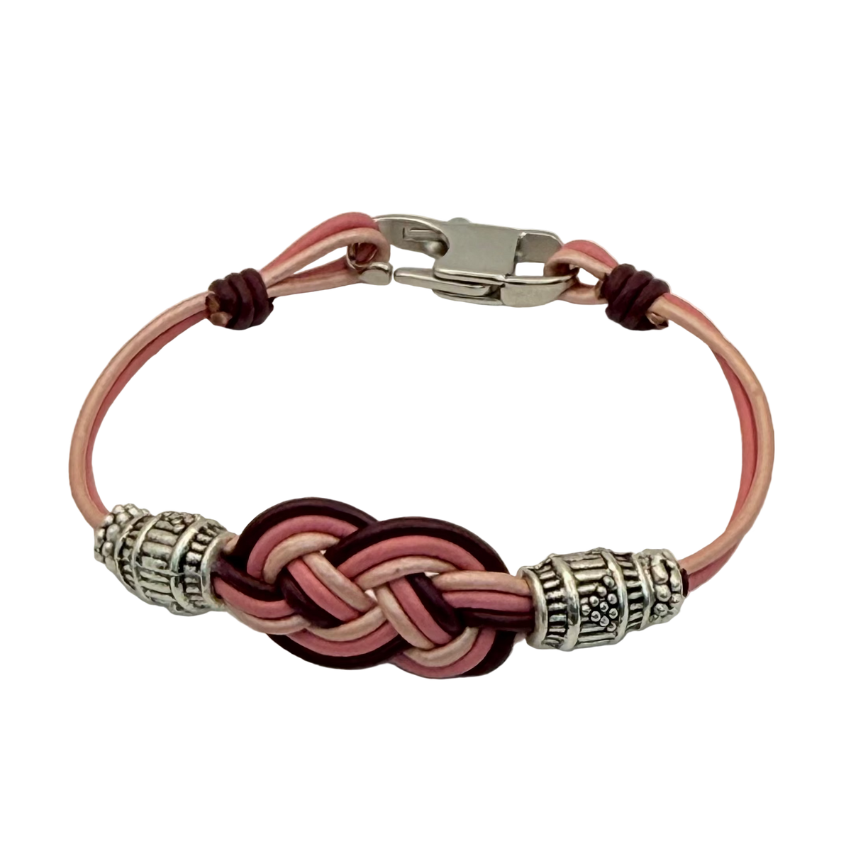 Celtic 3-Strand Pink &amp; Plum Leather Bracelet with Pewter Beads