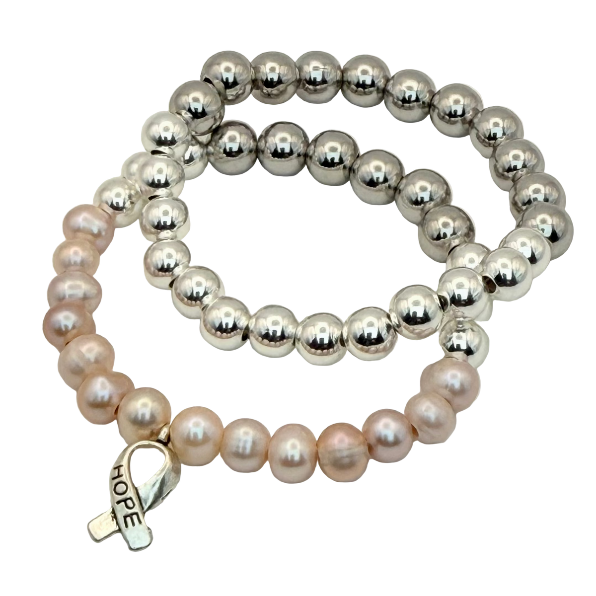 Brave Bracelet Stack with Silver, Gunmetal &amp; Pink Pearl Beads – HOPE Charm