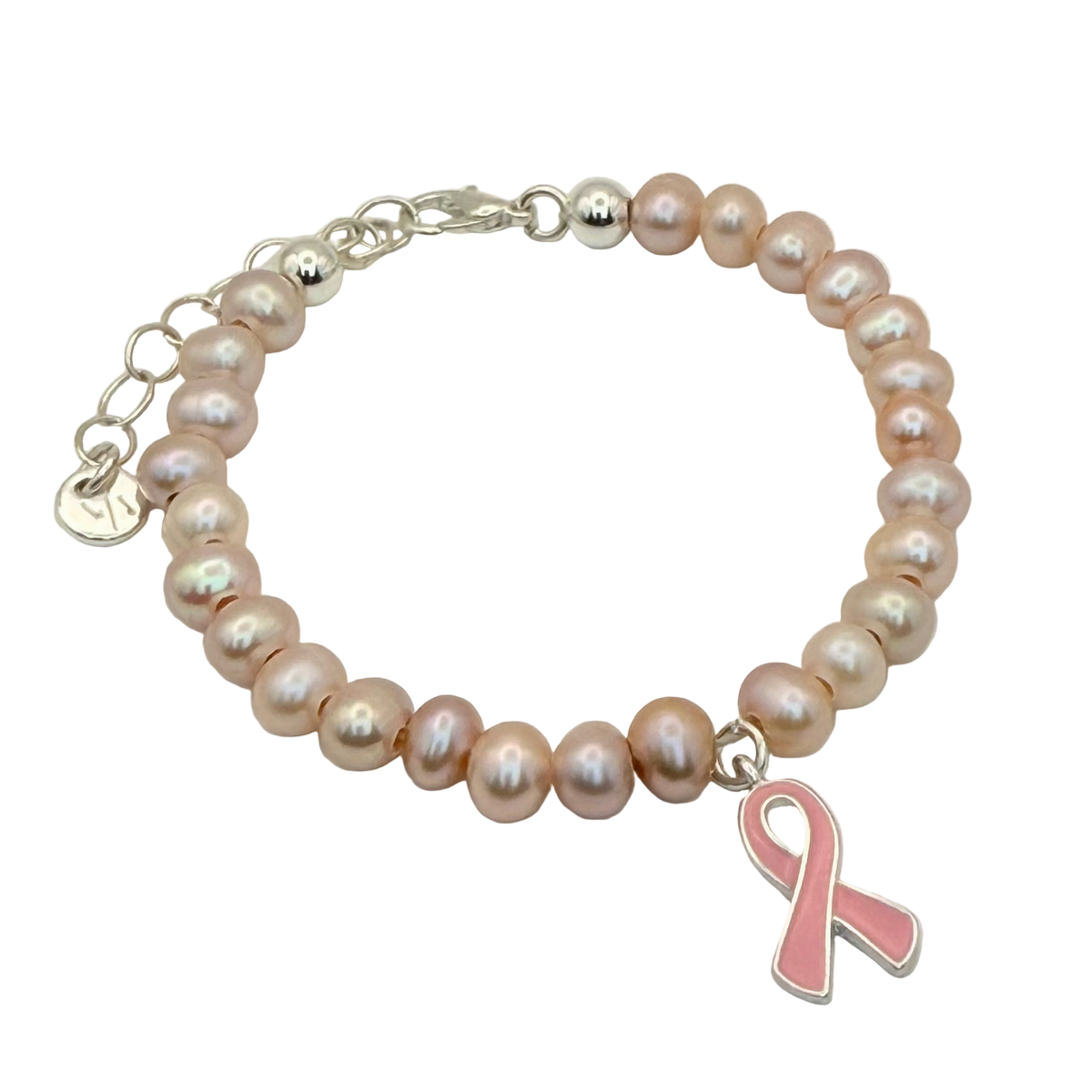 Cherish Adjustable Bracelet with Pink Pearls &amp; Awareness Ribbon Charm