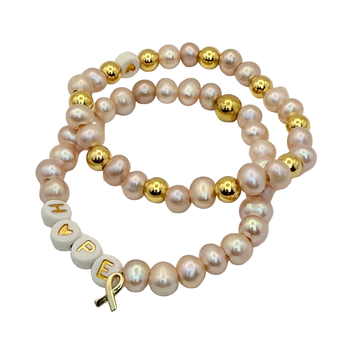 Hope Stretch Bracelet Stack with Gold Beads, Pink Pearls &amp; Awareness Charm
