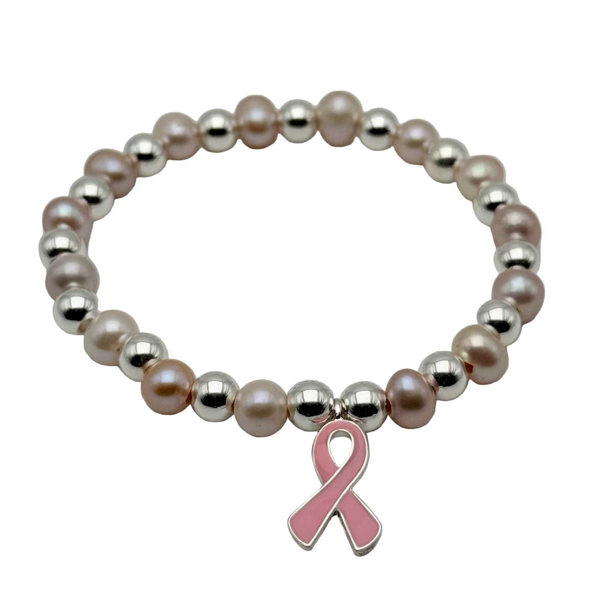 Courage Silver &amp; Pink Pearl Bracelet with Awareness Ribbon Charm
