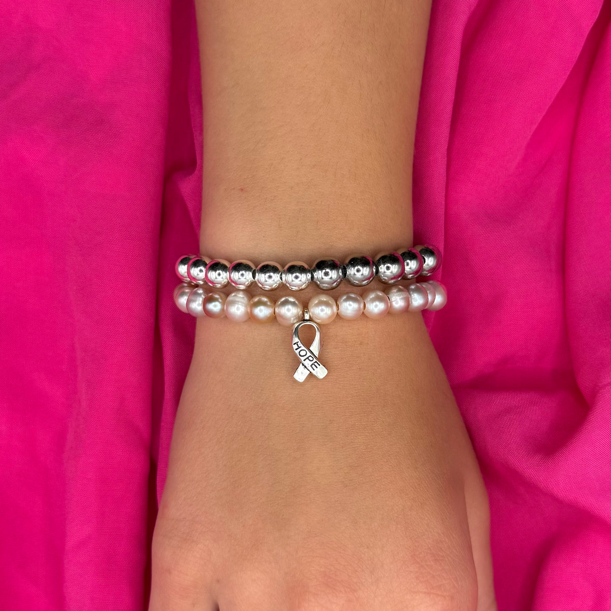 Brave Bracelet Stack with Silver, Gunmetal &amp; Pink Pearl Beads – HOPE Charm