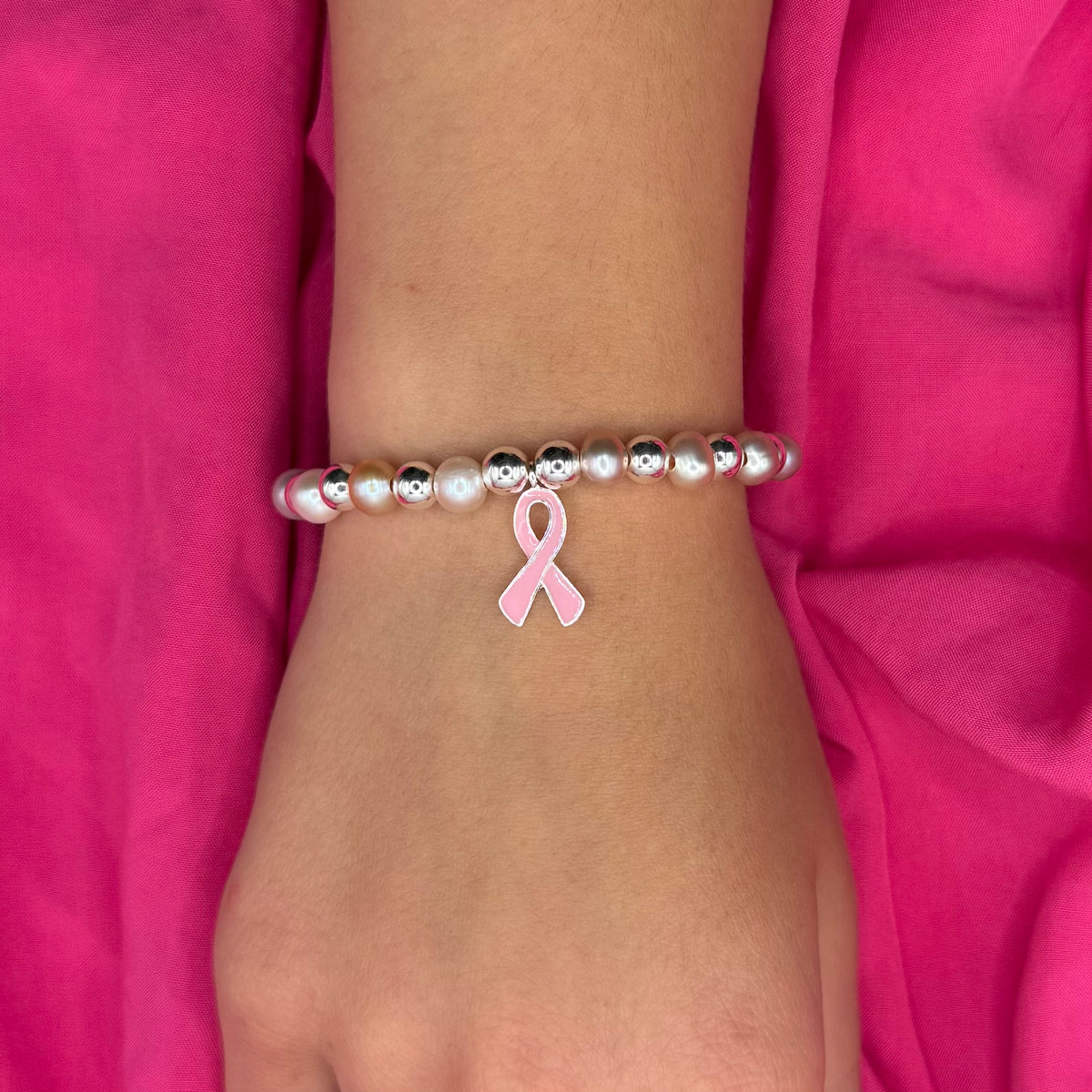 Courage Silver &amp; Pink Pearl Bracelet with Awareness Ribbon Charm