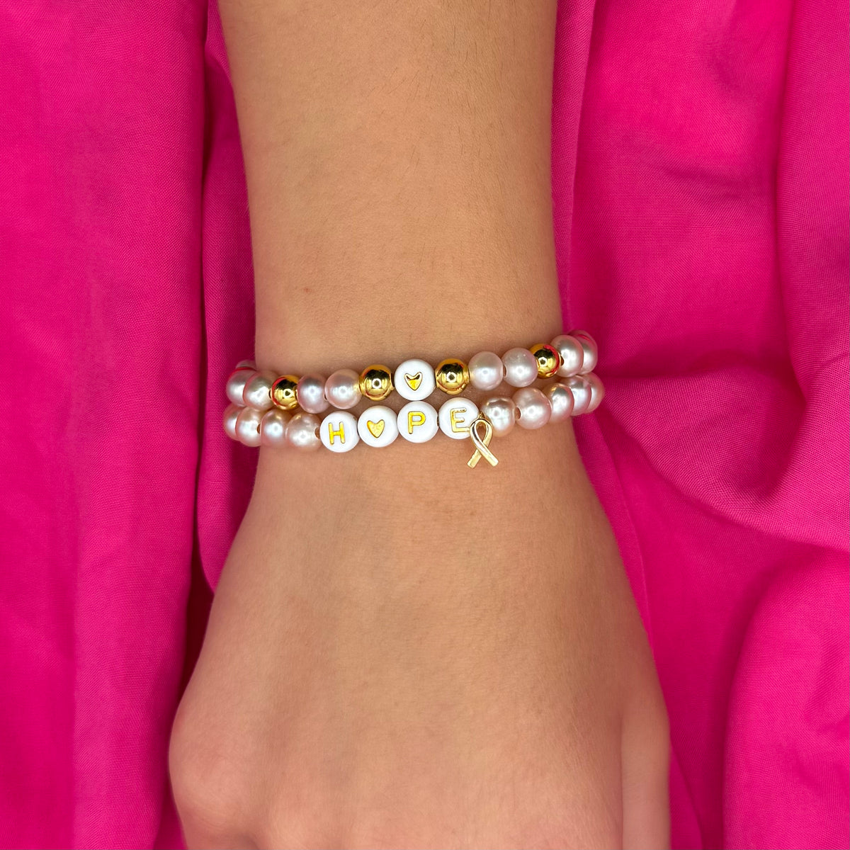 Hope Stretch Bracelet Stack with Gold Beads, Pink Pearls &amp; Awareness Charm