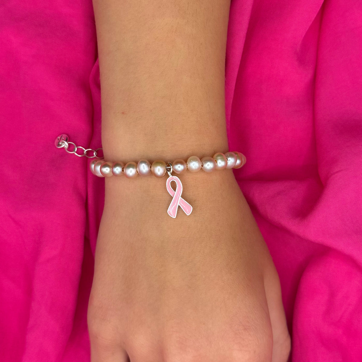 Cherish Adjustable Bracelet with Pink Pearls &amp; Awareness Ribbon Charm